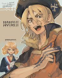 Rule 34 | 1boy, 1girl, black eyes, black headwear, black jacket, blonde hair, brown background, character name, closed mouth, dr. stone, francois (dr. stone), gloves, hand up, hat, jacket, jacket on shoulders, long sleeves, looking at viewer, nanami ryuusui, open mouth, orange shirt, sash, shirt, short hair, short sleeves, smile, upper body, v-shaped eyebrows, white gloves, yu (zatta13chan)