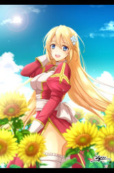 Rule 34 | 1girl, 20nigu, back bow, blonde hair, blue eyes, blue flower, blue sky, blush, bow, breasts, cloud, commentary request, commission, cowboy shot, cross, cross necklace, day, dress, field, flower, flower field, frilled thighhighs, frills, hair between eyes, hair flower, hair ornament, hand in own hair, high priest (ragnarok online), jewelry, juliet sleeves, large breasts, lens flare, letterboxed, long hair, long sleeves, looking at viewer, looking to the side, necklace, open mouth, outdoors, paid reward available, puffy sleeves, ragnarok online, red dress, sash, signature, skeb commission, sky, smile, solo, sunflower, sunflower field, thighhighs, two-tone dress, white bow, white dress, white sash, white thighhighs, yellow flower