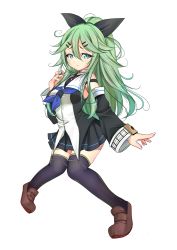 Rule 34 | 1girl, absurdres, black ribbon, black serafuku, black skirt, brown footwear, commentary request, detached sleeves, full body, green eyes, green hair, hair between eyes, hair ornament, hair ribbon, hairclip, highres, kantai collection, loafers, long hair, looking at viewer, neckerchief, parted bangs, pleated skirt, ponytail, ribbon, school uniform, serafuku, shoes, sidelocks, skirt, solo, thighhighs, yamakaze (kancolle), yashin (yasinz)