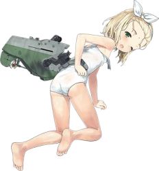 Rule 34 | 10s, 1girl, ass, blonde hair, full body, green eyes, hairband, i-504 (kancolle), jiji (aardvark), kantai collection, lowres, luigi torelli (kancolle), one-piece swimsuit, one eye closed, open mouth, short hair, solo, swimsuit, torn clothes, torn swimsuit, transparent background, white background, white hairband, white one-piece swimsuit