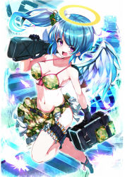 Rule 34 | 1girl, :d, arrow through heart, bare shoulders, bikini, bikini top only, black footwear, black gloves, blue flower, blue hair, boots, breasts, briefcase, broken heart, bullet, camouflage, camouflage bikini, camouflage skirt, cleavage, collarbone, feathered wings, feathers, flower, frills, full body, gloves, groin, hair flower, hair ornament, halo, heart, holding, leg up, long hair, medium breasts, navel, omochishiki, open mouth, original, over shoulder, purple eyes, side ponytail, skirt, smile, solo, swimsuit, thigh strap, white wings, wings, yellow halo
