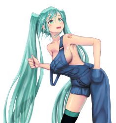 Rule 34 | 00s, 1girl, absurdres, alternate costume, aqua eyes, aqua hair, artist name, asymmetrical legwear, bare shoulders, blush, breasts, hand in pocket, hatsune miku, highres, koba (furikake-p), leaning forward, long hair, matching hair/eyes, medium breasts, no bra, open mouth, overalls, sideboob, simple background, single thighhigh, smile, solo, standing, tattoo, thighhighs, thumbs up, twintails, uneven legwear, very long hair, vocaloid, white background