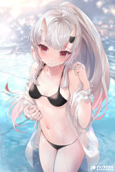 Rule 34 | 1girl, bikini, black bikini, blush, breasts, hair ornament, hololive, horns, jacket, long hair, looking at viewer, mujinbensin, multicolored hair, nakiri ayame, oni, open clothes, open jacket, ponytail, red eyes, red hair, see-through, skin-covered horns, small breasts, solo, streaked hair, swimsuit, virtual youtuber, wet, white hair