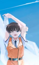 Rule 34 | 1girl, absurdres, belt, black belt, blue eyes, blue necktie, blue sky, brown hair, collared shirt, commentary request, contrail, gloves, highres, looking at viewer, necktie, one eye closed, open mouth, orange vest, original, orval, shirt, short hair, sky, solo, stretching, teeth, unworn gloves, upper teeth only, vest, white gloves, white shirt