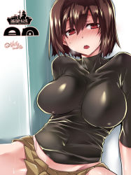 Rule 34 | 10s, 1girl, bad id, bad pixiv id, blush, breasts, breath, brown hair, character name, collarbone, copyright name, covered navel, female focus, gradient background, hyuuga (kancolle), impossible clothes, kantai collection, large breasts, looking at viewer, open mouth, red eyes, short hair, signature, sitting, solo, sweat, sweater, tokita monta, twitter username