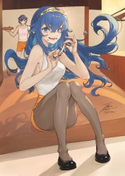 Rule 34 | 1boy, 1girl, absurdres, blue hair, breasts, chrom (fire emblem), fadingzz, fire emblem, fried chicken, highres, hooters, huge filesize, leggings, long hair, lucina (fire emblem), nintendo, open mouth, small breasts, smile, tiara