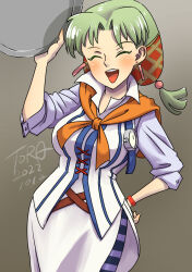 Rule 34 | 1girl, bis toratora, breasts, cross-laced clothes, dated, earrings, grandia, grandia i, green hair, hair net, hair ornament, highres, holding, jewelry, lily (grandia), long hair, low-tied long hair, open mouth, simple background, smile, solo