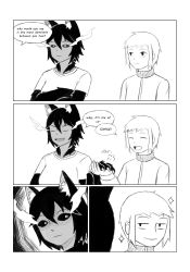Rule 34 | 1boy, 1girl, 4koma, :d, ^ ^, angry, animal ear fluff, animal ears, animal hands, annoyed, black sclera, blush, breasts, claws, closed eyes, colored sclera, comic, couple, crossed arms, dog ears, embarrassed, english text, expressionless, fang, fire, fur, greyscale, handshake, hellhound (monster girl encyclopedia), hetero, highres, interview, kurovah, monochrome, monster girl, monster girl encyclopedia, monster girl encyclopedia ii, open mouth, shaded face, shirt, short hair, sidelocks, smile, sound effects, speech bubble, star (symbol), star print, text focus, troll face, trolling