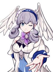 1girl bow bowtie breasts closed_mouth curly_hair dress eyelashes grey_eyes grey_hair hashtag-only_commentary head_wings highres large_breasts long_hair melia_antiqua mh7471778854146 one_eye_closed purple_bow purple_bowtie reaching reaching_towards_viewer simple_background smile solo standing white_background white_dress wings xenoblade_chronicles_(series) xenoblade_chronicles_1