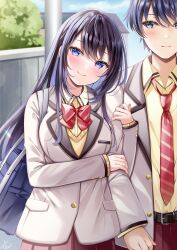 Rule 34 | 1boy, 1girl, arm hug, bag, belt, belt buckle, black belt, black hair, blazer, blue eyes, blue hair, blue sky, bow, buckle, cloud, collared shirt, commentary request, copyright request, day, diagonal-striped bow, diagonal-striped clothes, diagonal-striped necktie, dress shirt, grey jacket, hair between eyes, head tilt, highres, jacket, necktie, novel illustration, official art, outdoors, pants, pleated skirt, red bow, red necktie, red pants, red skirt, sakura hiyori, school bag, school uniform, shirt, skirt, sky, striped clothes, sweater, utility pole, yellow shirt, yellow sweater