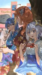 Rule 34 | 3girls, absurdres, ahoge, amane kanata, angel, blonde hair, blue eyes, blue hair, blue kimono, blue nails, blunt bangs, blush, bow, braid, breasts, can, cat, closed eyes, colored inner hair, commentary, dappled sunlight, day, diagonal-striped bow, doukyo&#039;s, dragon girl, dragon horns, drill hair, drooling, english commentary, eyes visible through hair, facing another, fishnet gloves, fishnets, flat chest, floral print, food, glint, gloves, gradient kimono, hair between eyes, hair bow, hair bun, hair ornament, hairclip, halo, highres, holding, holding can, holding food, hololive, horn bow, horn ornament, horns, hoshimachi suisei, hoshimachi suisei (new year), ikayaki, japanese clothes, kimono, kiryu coco, large breasts, long hair, looking at animal, looking at another, low twintails, medium breasts, mixed-language commentary, multicolored hair, multiple girls, nail polish, obi, official alternate costume, open mouth, orange hair, outdoors, pink hair, pointy ears, purple kimono, red kimono, sash, short hair, side braid, side drill, side ponytail, sidelocks, signature, silver hair, single hair bun, single hair intake, sitting, sparkle, squid, star (symbol), star halo, star in eye, streaked hair, striped, striped bow, sunlight, sweat, symbol in eye, takoyaki, teeth, tree, tree shade, tsukino (nakajimaseiki), twin braids, twintails, under tree, upper teeth only, virtual youtuber, wide sleeves, yukata