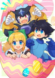 Rule 34 | 2girls, bass (mega man), black hair, blonde hair, blue eyes, bow, green bow, hair bow, highres, humanoid robot, long hair, looking at another, looking at viewer, mega man (character), mega man (classic), mega man (series), multiple girls, open mouth, ponytail, red eyes, robot, roll (mega man), short hair, teeth, tobitori, upper teeth only