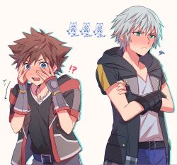 Rule 34 | !?, 2boys, aqua eyes, belt, belt buckle, black shirt, blue eyes, blue shorts, blush, brown hair, buckle, chain, chain necklace, cowboy shot, crossed arms, fingerless gloves, gloves, grey hair, grey shorts, hair between eyes, hands on own face, hood, hood down, hoodie, jewelry, kingdom hearts, kingdom hearts iii, male focus, multicolored clothes, multicolored hoodie, multiple boys, necklace, open mouth, riku (kingdom hearts), shirt, short hair, short sleeves, shorts, sora (kingdom hearts), spiked hair, sweatdrop, teeth, upper teeth only, white background, white shirt, wosinnk