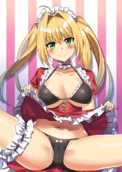 Rule 34 | 1girl, ahoge, ass, black bra, black panties, blonde hair, blush, bra, breasts, bridal garter, choker, cleavage, closed mouth, clothes lift, dress, dress lift, fate/extra, fate (series), frilled choker, frills, google (asdek18), green eyes, hair between eyes, hair intakes, highres, large breasts, long hair, looking at viewer, maid headdress, navel, nero claudius (fate), nero claudius (fate) (all), nero claudius (fate/extra), panties, red dress, smile, solo, spread legs, striped, striped background, thighs, twintails, underwear