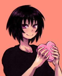 Rule 34 | 1girl, azumanga daiou, black hair, box, brown eyes, chocolate, closed mouth, collarbone, food, heart-shaped box, highres, holding, holding box, holding chocolate, holding food, kagura (azumanga daioh), looking at viewer, orange background, osakasa, own hands together, short hair, smile, upper body, valentine