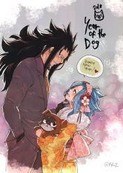 Rule 34 | 1boy, 1girl, 2018, animal costume, black gloves, black hair, black jacket, black pants, blue hairband, dog costume, ear piercing, eye contact, fairy tail, fingerless gloves, floral print, flower, fur trim, gajeel redfox, gloves, hair flower, hair ornament, hairband, hand in pocket, happy new year, headband, heart, jacket, japanese clothes, kimono, levy mcgarden, long hair, looking at another, looking down, looking up, necktie, new year, nose piercing, obi, orange neckwear, pantherlily, pants, piercing, red flower, rusky, sash, signature, sketch, standing, very long hair, white flower, yellow kimono, yukata