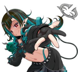 Rule 34 | 1girl, belt, belt bra, black gloves, black hair, black jacket, black skirt, blue belt, blue hair, blue panties, blunt bangs, blush, chest belt, closed mouth, commentary, cowboy shot, cropped jacket, demon girl, demon horns, demon tail, fang, flat chest, gloves, grey skirt, highleg, highleg panties, horns, jacket, layered skirt, long hair, long sleeves, looking at viewer, medium bangs, midriff, miso panda, multicolored hair, nanashi inc., navel, open clothes, open jacket, panties, partially fingerless gloves, pointy ears, reaching, reaching towards viewer, red eyes, shishio chris, shishio chris (1st costume), simple background, skirt, smile, solo, tail, transparent background, two-tone hair, underwear, virtual youtuber, zipper, zipper skirt