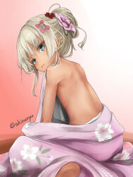 Rule 34 | 1girl, akino shuu, ass, blonde hair, blush, bow, flat chest, floral print, flower, grecale (kancolle), green eyes, hair bow, hair flower, hair ornament, japanese clothes, kantai collection, kimono, looking at viewer, open mouth, pink bow, pink flower, pink kimono, print kimono, red flower, short hair, solo, twitter username