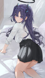 Rule 34 | 1girl, :o, all fours, bare legs, bed sheet, black skirt, blue archive, blush, breasts, dema hmw, feet out of frame, halo, highres, indoors, large breasts, looking at viewer, looking back, mechanical halo, on bed, pleated skirt, purple eyes, purple hair, shirt, shirt tucked in, skirt, solo, two side up, white shirt, yuuka (blue archive)