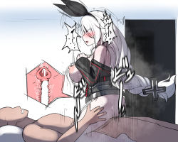Rule 34 | 1boy, 1girl, ahegao, akaoni (zumt3548), ass, azur lane, bare shoulders, barefoot, black ribbon, black sleeves, blush, bodice, bottomless, breast suppress, breasts, breasts out, censored, clenched teeth, clothed female nude male, commander (azur lane), cowgirl position, cross, cross-section, cross hair ornament, cum, cum in pussy, detached sleeves, ejaculation, eyes visible through hair, faceless, faceless male, girl on top, hair between eyes, hair ornament, hair ribbon, heavy breathing, indoors, internal cumshot, iron cross, large breasts, long hair, motion blur, motion lines, nipples, nude, open mouth, penis, prinz heinrich (azur lane), red eyes, ribbon, sex, sidelocks, speech bubble, straddling, sweat, teeth, vaginal, very long hair, white hair