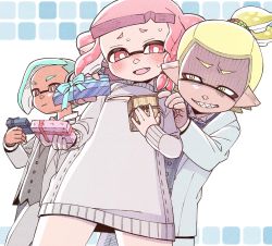 Rule 34 | 1boy, 2girls, absurdres, aqua hair, blonde hair, blush, bow, bowtie, closed mouth, collared shirt, fang, formal, from below, gift, grey shirt, hand on another&#039;s shoulder, highres, holding, holding gift, inkling, inkling boy, inkling girl, inkling player character, jacket, long sleeves, multiple girls, nintendo, open mouth, pants, pink eyes, pink hair, pointy ears, shaded face, sharp teeth, shirt, short hair, smile, splatoon (series), standing, suit, suit jacket, sweat, sweater, teeth, tentacle hair, traditional bowtie, white background, white pants, white suit, white sweater, yellow eyes, yoshizawa miyabi