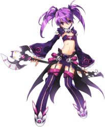 Rule 34 | 1girl, aisha landar, boots, breasts, elsword, flat chest, full body, long hair, midriff, official art, purple eyes, purple footwear, purple hair, purple skirt, purple thighhighs, ress, shirt, skirt, small breasts, smile, solo, staff, strapless, taut clothes, taut shirt, thigh boots, thighhighs, tube top, twintails, void princess (elsword), white background