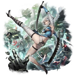 Rule 34 | 1girl, 2boys, artist request, ass, bandaged arm, bandaged leg, bandaged neck, bandages, black gloves, blue negligee, braided hair rings, breasts, chain blades, cross-laced clothes, cross-laced panties, dual wielding, emil (nier), flower, gloves, hair flower, hair ornament, high heels, highres, holding, holding sword, holding weapon, jagged sword, kaine (nier), legs, lingerie, looking at viewer, lunar tear, multiple boys, negligee, nier, nier (series), nier (young), octopath traveler, official art, panties, robot, solo focus, sword, underwear, weapon, yellow eyes