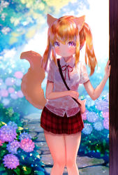 Rule 34 | 1girl, animal ears, bag, blush, bra, collared shirt, commentary request, feet out of frame, flower, highres, hydrangea, long hair, looking at viewer, mutou mato, nature, neck ribbon, orange hair, original, outdoors, parted lips, pleated skirt, purple eyes, red ribbon, red skirt, ribbon, see-through, shirt, short sleeves, shoulder bag, skirt, solo, tail, twintails, underwear, wet, wet clothes, wet hair, wet shirt, white shirt