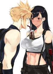 Rule 34 | 1boy, 1girl, arm guards, artist request, black hair, black skirt, blazingchaos, blue eyes, blush, breasts, brown eyes, bubble tea, bubble tea challenge, cloud strife, collarbone, drinking, drinking straw, elbow gloves, eye contact, final fantasy, final fantasy vii, final fantasy vii remake, gloves, large breasts, long hair, looking at another, midriff, shirt, simple background, skirt, sleeveless, sleeveless turtleneck, smile, spiked hair, suspender skirt, suspenders, taut clothes, taut shirt, tifa lockhart, toned, turtleneck, white background
