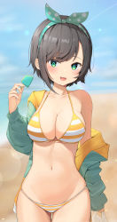 Rule 34 | 1girl, :d, absurdres, arm at side, beach, bikini, blurry, blurry background, blush, bow hairband, breasts, brown hair, cleavage, cowboy shot, day, fang, food, green eyes, green jacket, hairband, halterneck, hand up, highres, holding, hololive, jacket, large breasts, md5 mismatch, navel, off shoulder, oozora subaru, oozora subaru (hololive summer 2019), open clothes, open jacket, open mouth, outdoors, polka dot hairband, popsicle, resolution mismatch, short hair, sidelocks, smile, solo, source smaller, stomach, string bikini, striped bikini, striped clothes, sunlight, swept bangs, swimsuit, thigh gap, three twosix, two-tone bikini, virtual youtuber