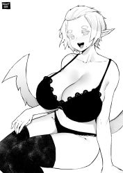 Rule 34 | 1girl, aliasing, bra, commission, curvy, facing viewer, greyscale, hair slicked back, highres, long pointy ears, looking at viewer, mole, mole under mouth, monochrome, norman maggot, panties, pointy ears, short hair, simple background, sitting, solo, strap slip, thighhighs, underwear, underwear only, white background