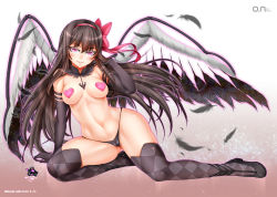 Rule 34 | 10s, 1girl, akemi homura, akuma homura, arm support, bare shoulders, black gloves, black hair, black panties, black thighhighs, bow, breasts, cameltoe, covered erect nipples, dark orb (madoka magica), detached collar, elbow gloves, feathers, full body, gloves, hair bow, hairband, heart pasties, long hair, looking at viewer, mahou shoujo madoka magica, mahou shoujo madoka magica: hangyaku no monogatari, navel, oni-noboru, panties, pasties, pink eyes, red hairband, revision, smile, solo, soul gem, spoilers, thighhighs, underwear, wings