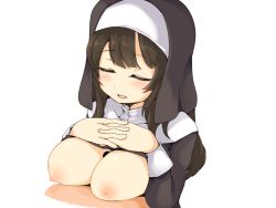 Rule 34 | 1boy, 1girl, blank censor, blush, breasts, breasts out, censored, closed eyes, frfr, habit, hetero, highres, large breasts, nipples, nun, open mouth, original, own hands clasped, own hands together, paizuri, penis, simple background, white background