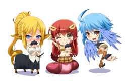Rule 34 | 10s, 3girls, :d, ;), ahoge, animal ears, belt, between breasts, blonde hair, blue eyes, blue hair, blue wings, blush, breasts, butter-t, centaur, centorea shianus, character doll, chibi, hugging doll, feathered wings, flying, fork, full body, hair ornament, hairclip, harpy, hooves, horse ears, horse tail, kurusu kimihito, lamia, long hair, looking at viewer, miia (monster musume), monster girl, monster musume no iru nichijou, multiple girls, multiple legs, navel, hugging object, one eye closed, open mouth, papi (monster musume), plaid, plaid skirt, pointy ears, ponytail, red hair, scales, shadow, sheath, sheathed, shirt, sidelocks, simple background, skirt, smile, sword, tail, talons, taur, tied shirt, unmoving pattern, weapon, white background, winged arms, wings, yellow eyes