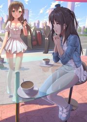 Rule 34 | 1boy, 2girls, beard, bow, breasts, brown hair, butler, car, cityscape, cleavage, coffee, coffee cup, commentary request, cup, day, denim, denim jacket, disposable cup, dress, facial hair, glass table, green eyes, hairband, hat, highres, himitsu (hi mi tsu 2), jacket, looking at another, medium breasts, medium hair, mini hat, miniskirt, motor vehicle, multiple girls, open mouth, original, outdoors, pantyhose, saucer, skirt, smile, sunlight, table, white dress, white hair, white legwear, white skirt, yellow eyes