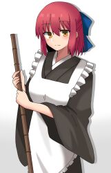 Rule 34 | 1girl, absurdres, apron, blue bow, bow, broom, brown eyes, closed mouth, commentary, gradient background, hair bow, highres, holding, holding broom, kohaku (tsukihime), long sleeves, looking at viewer, maid, maz515, maz 515, pink hair, short hair, smile, solo, standing, tsukihime, white apron, white background, wide sleeves
