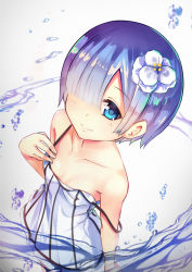 Rule 34 | 10s, 1girl, bare shoulders, blue eyes, blue hair, blunt bangs, blush, breasts, closed mouth, collarbone, dress, eyelashes, flower, from above, grey background, hair between eyes, hair flower, hair ornament, hair over one eye, highres, looking at viewer, looking up, matching hair/eyes, off shoulder, re:zero kara hajimeru isekai seikatsu, rem (re:zero), short hair, simple background, small breasts, smile, solo, strap slip, striped clothes, striped dress, sundress, tareme, upper body, vertical-striped clothes, vertical-striped dress, water, water drop, white dress, white flower, yan (nicknikg)