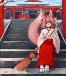 Rule 34 | 1boy, absurdres, alternate costume, animal ear fluff, animal ears, artist name, astolfo (fate), braid, broom, commentary, day, english commentary, fate/apocrypha, fate/grand order, fate (series), fox ears, fox tail, full body, highres, japanese clothes, kemonomimi mode, long hair, long sleeves, looking at viewer, male focus, matilda fiship, miko, multicolored hair, outdoors, pink eyes, pink hair, ribbon-trimmed sleeves, ribbon trim, shrine, sitting, smile, snow, snowflakes, snowing, solo, stairs, streaked hair, tail, trap, very long hair, white hair, wide sleeves