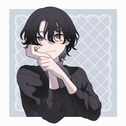 Rule 34 | 1other, androgynous, black hair, black sweater, blue background, blush, border, closed mouth, commentary, grey eyes, grid background, hair between eyes, hand on own cheek, hand on own face, hand on own wrist, hands up, head rest, highres, light smile, long bangs, long sleeves, looking at viewer, messy hair, nahara saki, original, outside border, short hair, solo, sweater, upper body, wavy hair, white border