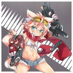 Rule 34 | 1girl, :d, animal ears, aqua eyes, bikini, bikini top only, cat ears, cat hair ornament, clenched teeth, detached sleeves, eyebrows, flat chest, front-tie top, gauntlets, goggles, goggles on head, gun, hair ornament, handgun, long hair, magazine (object), magazine (weapon), midriff, navel, open mouth, original, pink hair, pistol, ponytail, scarf, sharp teeth, short shorts, shorts, smile, solo, swimsuit, tail, teeth, thick eyebrows, thighs, tomcat (moconeko), weapon