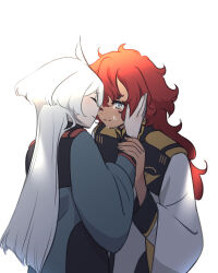 Rule 34 | 2girls, ahoge, asticassia school uniform, closed eyes, crying, gold trim, green jacket, grey eyes, grey hair, gundam, gundam suisei no majo, hair between eyes, hand on another&#039;s cheek, hand on another&#039;s face, holding another&#039;s wrist, jacket, long hair, long sleeves, miorine rembran, multiple girls, pale skin, red hair, school uniform, shindo9600, suletta mercury, tears, upper body, white background, white jacket, yuri