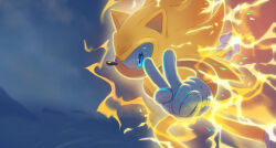 Rule 34 | 1boy, animal ears, animal nose, aura, blue eyes, commentary, english commentary, furry, furry male, gloves, glowing, highres, looking at viewer, male focus, ochibrochi, solo, sonic (series), sonic frontiers, sonic the hedgehog, super sonic, v, white gloves, yellow fur