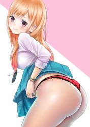 Rule 34 | 1girl, ass, barbell piercing, black necktie, blonde hair, bracelet, breasts, closed mouth, clothes lift, commentary request, dot nose, ear piercing, earrings, gradient hair, highres, jewelry, kitagawa marin, large breasts, leaning forward, long hair, looking at viewer, looking to the side, multicolored hair, necktie, panties, piercing, pink hair, red eyes, red panties, ring, school uniform, shirt, skirt, skirt lift, sleeves rolled up, smile, solo, sono bisque doll wa koi wo suru, standing, takapin, underwear, white shirt