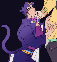 Rule 34 | 2boys, animal ears, blue hair, cat ears, crotchless, crotchless panties, dio brando, grabbing another&#039;s chin, hand on another&#039;s chin, highres, jacket, jojo no kimyou na bouken, kemonomimi mode, kuujou joutarou, less end, long coat, male focus, multiple boys, muscular, muscular male, neck ribbon, panties, pants, ribbon, stardust crusaders, underwear, yellow jacket, yellow pants