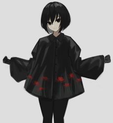 Rule 34 | 1girl, black eyes, black gloves, black hair, black leggings, black shirt, bob cut, clenched hands, closed mouth, colored inner hair, empty eyes, feet out of frame, floral print, gloves, grey background, hair between eyes, head tilt, highres, leggings, looking at viewer, monogatari (series), multicolored hair, oshino ougi, outstretched arms, shirt, simple background, smile, solo, spider lily print, yamada maya (yamdmay)