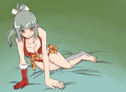 Rule 34 | 1girl, all fours, artist logo, bikini, breasts, cleavage, commentary request, dated, front-tie bikini top, front-tie top, fur-trimmed gloves, fur trim, gloves, grey hair, jewelry, kantai collection, kenroba (stark chen), long hair, medium breasts, ponytail, red bikini, red eyes, red gloves, ring, side-tie bikini bottom, single glove, solo, swimsuit, wedding ring, yuubari (kancolle)