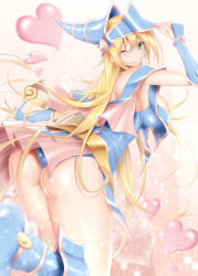 Rule 34 | 1girl, ;), absurdres, adjusting clothes, adjusting headwear, ass, bare shoulders, blonde hair, blue hat, breasts, calcio, dark magician girl, duel monster, from behind, green eyes, hat, heart, highres, large breasts, long hair, looking back, no bra, one eye closed, skin tight, smile, solo, thighs, very long hair, wizard hat, yu-gi-oh!