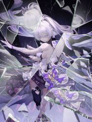 Rule 34 | 1girl, app filter, bare shoulders, blue eyes, broken glass, closed mouth, crack, crown, glass, glass shards, gloves, highres, holding, holding sword, holding weapon, honkai (series), honkai impact 3rd, kiana kaslana, kiana kaslana (herrscher of flamescion), long hair, looking at viewer, neon (pixiv 31150749), official alternate costume, open hand, reflection, roman numeral, shards, shattered, single thighhigh, solo, sword, thighhighs, weapon, white gloves, white hair