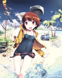 Rule 34 | 1girl, absurdres, aircraft, beach, breasts, brown hair, cloud, covered navel, day, dirigible, flip-flops, hair bobbles, hair ornament, hat, highres, innertube, jacket, military, military vehicle, motor vehicle, open mouth, original, outdoors, palm tree, pink eyes, ponytail, pouch, sandals, school swimsuit, scooter, sky, small breasts, solo, speaker, splashing, stairs, swim ring, swimsuit, tank, toy, toy tank, tree, zhongye yu