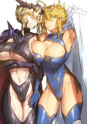 Rule 34 | 2girls, ahoge, arm up, armpits, artoria pendragon (fate), artoria pendragon (lancer) (fate), artoria pendragon (lancer alter) (fate), bare shoulders, black gloves, black legwear, black leotard, blonde hair, blue gloves, blue legwear, blue leotard, bodysuit, braid, breasts, cape, cleavage, cleavage cutout, clothing cutout, collarbone, commentary request, covered navel, crown, elbow gloves, eyelashes, fate/grand order, fate (series), fur-trimmed cape, fur trim, gauntlets, gloves, green eyes, hair bun, hand on another&#039;s hip, heattech leotard, highleg, highleg leotard, highres, hip focus, holding own arm, large breasts, leotard, looking at viewer, melon22, multiple girls, navel, pale skin, parted lips, ribbed legwear, ribbed leotard, shiny skin, sidelocks, simple background, single hair bun, swept bangs, thigh cutout, thighs, toned, turtleneck, turtleneck bodysuit, underboob, white background, yellow eyes